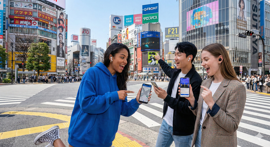 Self-guided audio tour of Shibuya Crossing in daytime by Uvamai Niche Tourism, featuring busy pedestrian scene and cityscape.