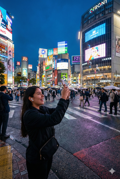 Night scene of Shibuya Crossing in Tokyo, captured during the Tokyo Self-Guided Audio Tour by Uvamai Niche Tourism.