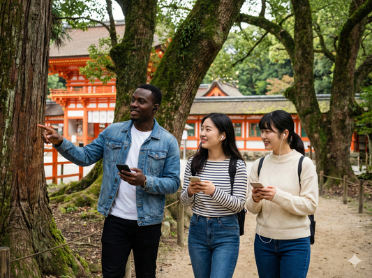 Self-guided audio tour of Shimogamo Shrine in Kyoto by Uvamai Niche Tourism, featuring images of the historic shrine and surrounding area.