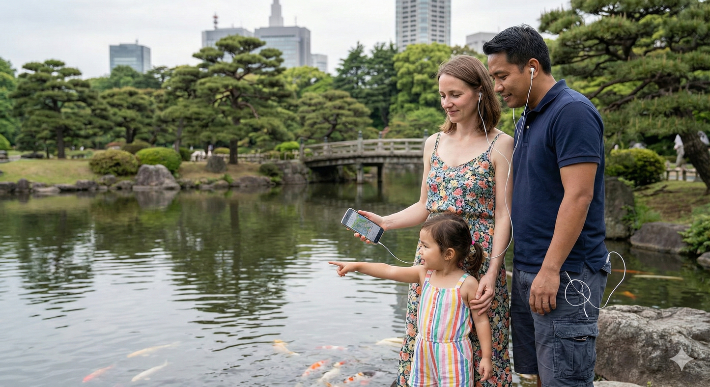 Self-guided audio tour of Shinjuku Gyoen National Garden by Uvamai Niche Tourism, featuring lush greenery and scenic pathways.