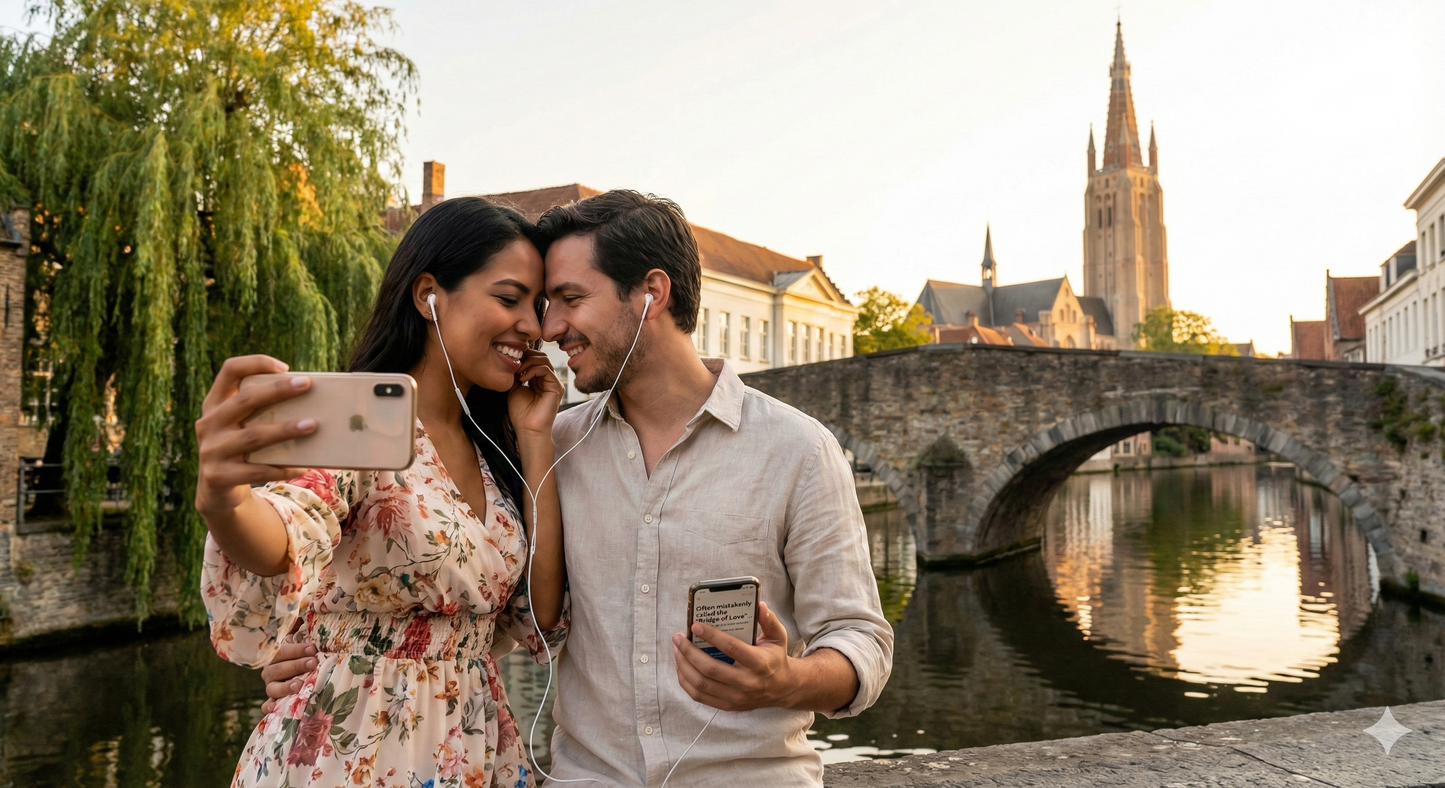 Self-guided audio tour of Sint Boniface Bridge in Bruges by Uvamai Niche Tourism, featuring historic bridge views.