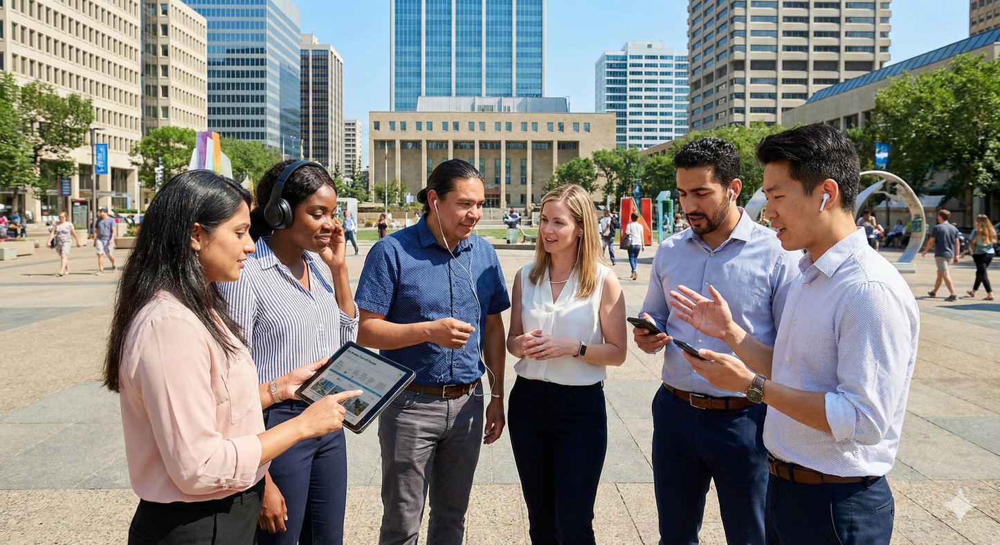 Self-guided audio tour of Sir Winston Churchill Square in Edmonton, offered by Uvamai Niche Tourism.