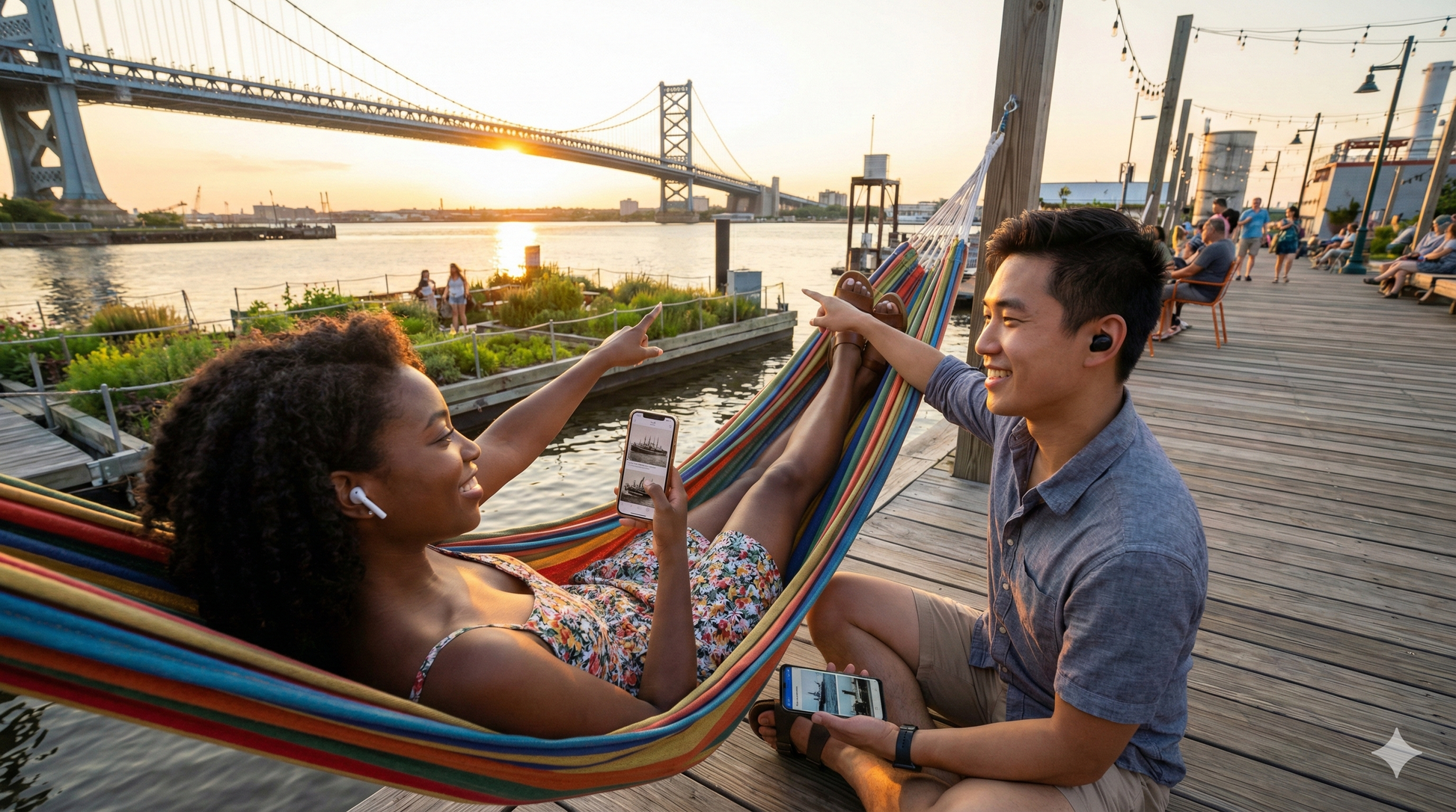 Audio tour device for Philadelphia self-guided tour by Uvamai Niche Tourism, showing a smartphone with tour app interface.