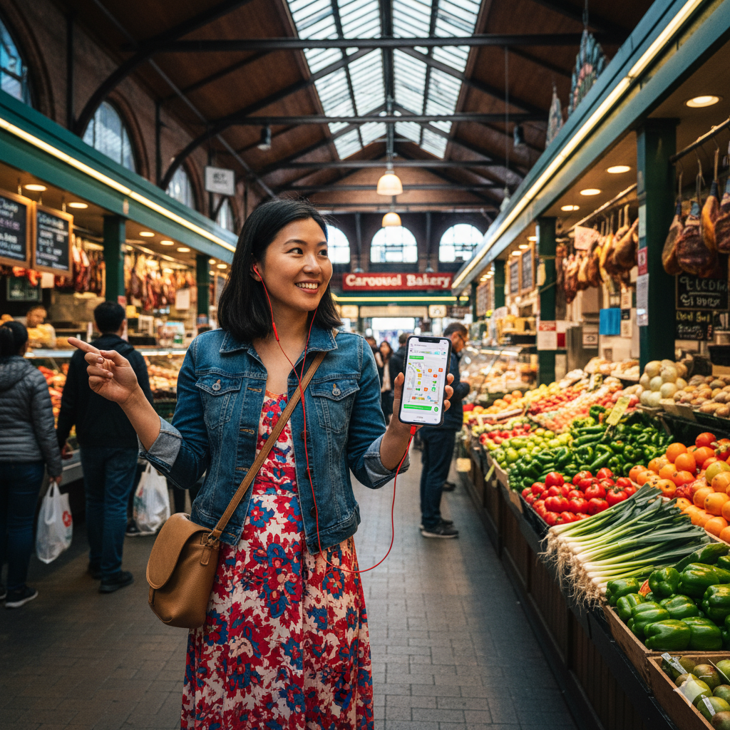 Self-guided audio tour of Toronto's St. Lawrence Market by Uvamai Niche Tourism, featuring images of the historic market and surroundings.