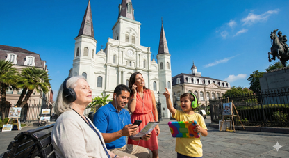 Self-guided audio tour of St. Louis Cathedral in New Orleans by Uvamai Niche Tourism, featuring historic architecture and interior views.