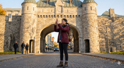 Self-guided audio tour of Quebec City featuring historic sites, with an image of St. Louis Gate in Old Quebec.