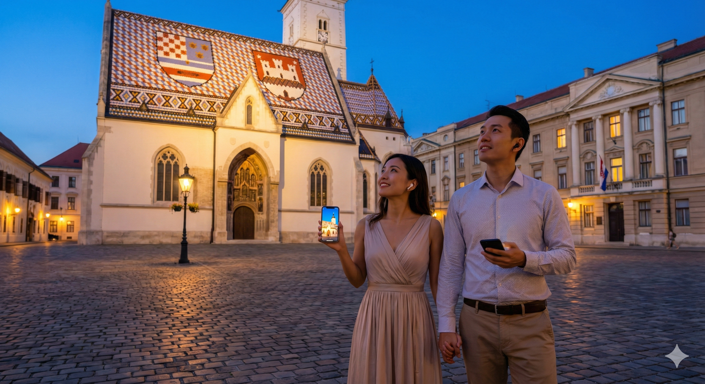 St. Mark's Church in Zagreb during evening, featured in Uvamai Niche Tourism's self-guided audio tour image.