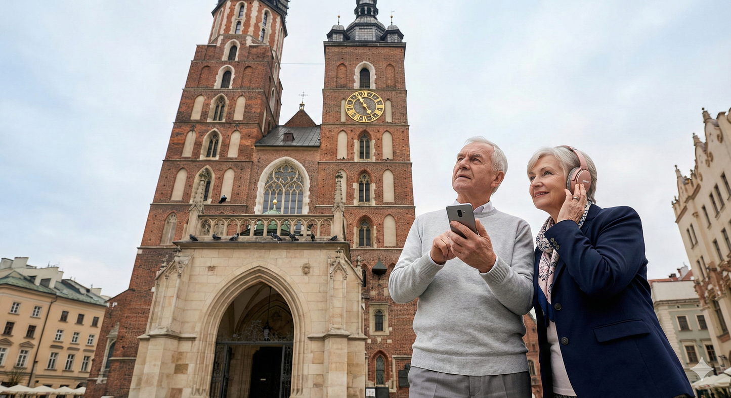 Self-guided audio tour of St. Mary’s Basilica in Krakow, featuring detailed images of the historic church by Uvamai Niche Tourism.