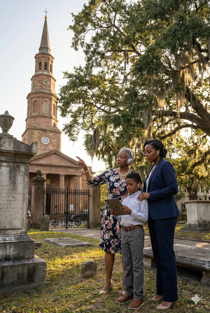 Self-guided audio tour of St. Philip's Church in Charleston by Uvamai Niche Tourism, showing the historic church exterior.