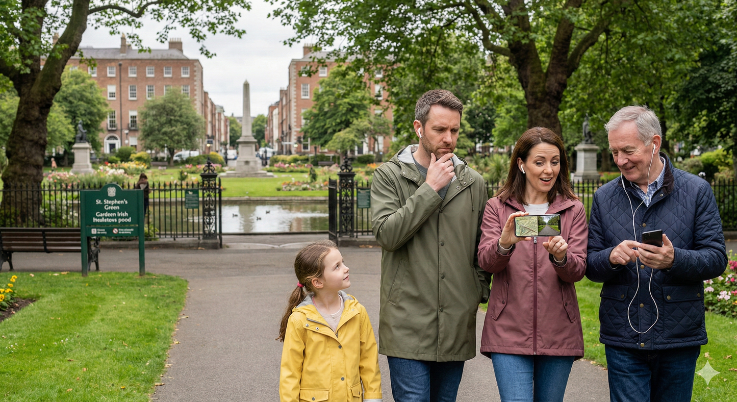 Self-guided audio tour of St. Stephen's Green in Dublin by Uvamai Niche Tourism, showing the park's lush greenery and pathways.