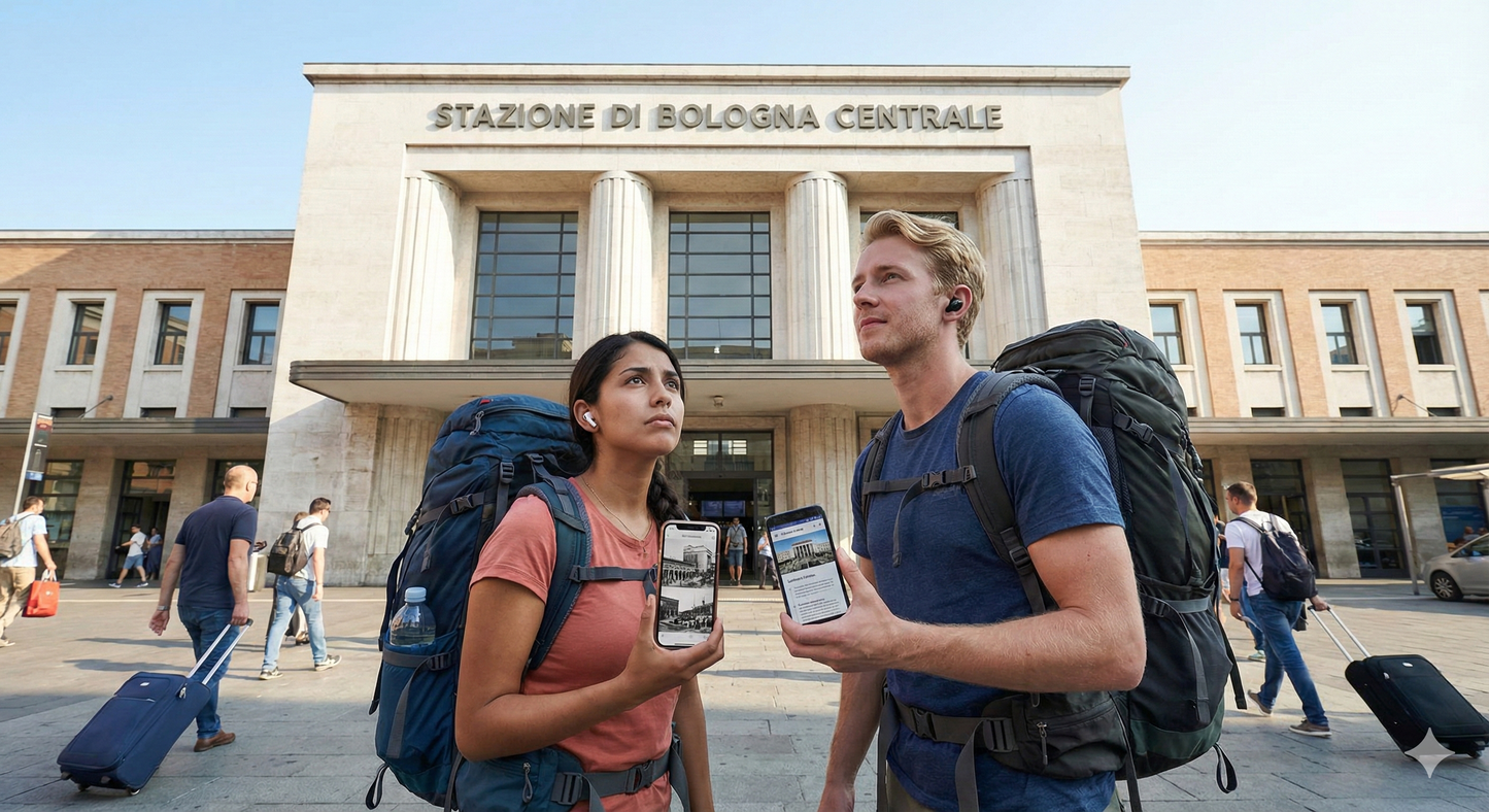 Self-guided Bologna audio tour by Uvamai Niche Tourism featuring central train station and historical landmarks.