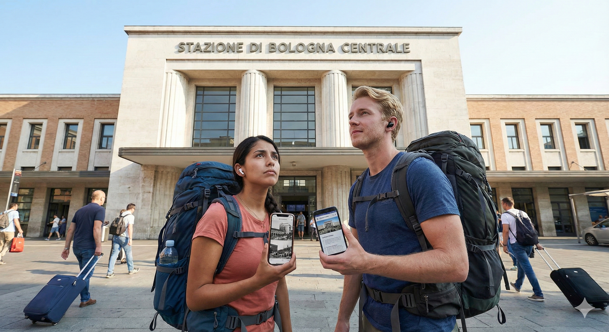 Self-guided Bologna audio tour by Uvamai Niche Tourism featuring central train station and historical landmarks.
