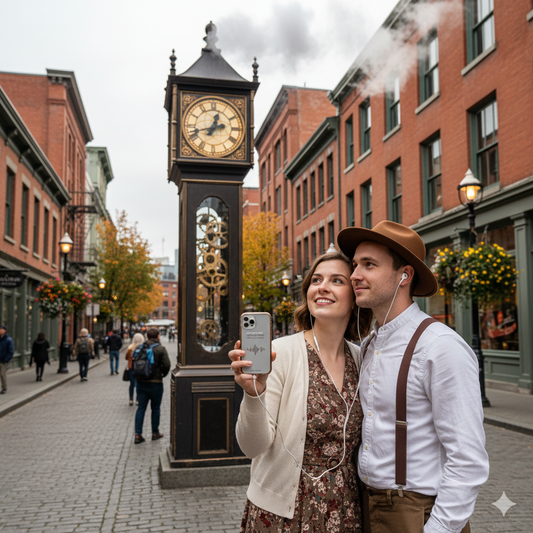 Self-guided audio tour of Vancouver featuring Victorian charm, by Uvamai Niche Tourism, with an image of a historic steam clock.