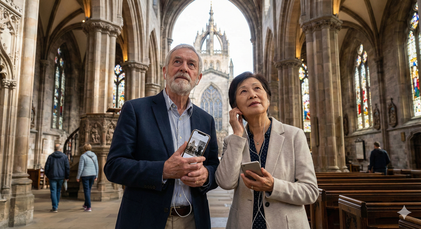 Audio tour guide device featuring Edinburgh's St. Giles Cathedral, part of the Uvamai Niche Tourism self-guided audio tour.