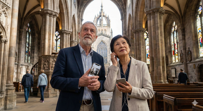 Audio tour guide device featuring Edinburgh's St. Giles Cathedral, part of the Uvamai Niche Tourism self-guided audio tour.