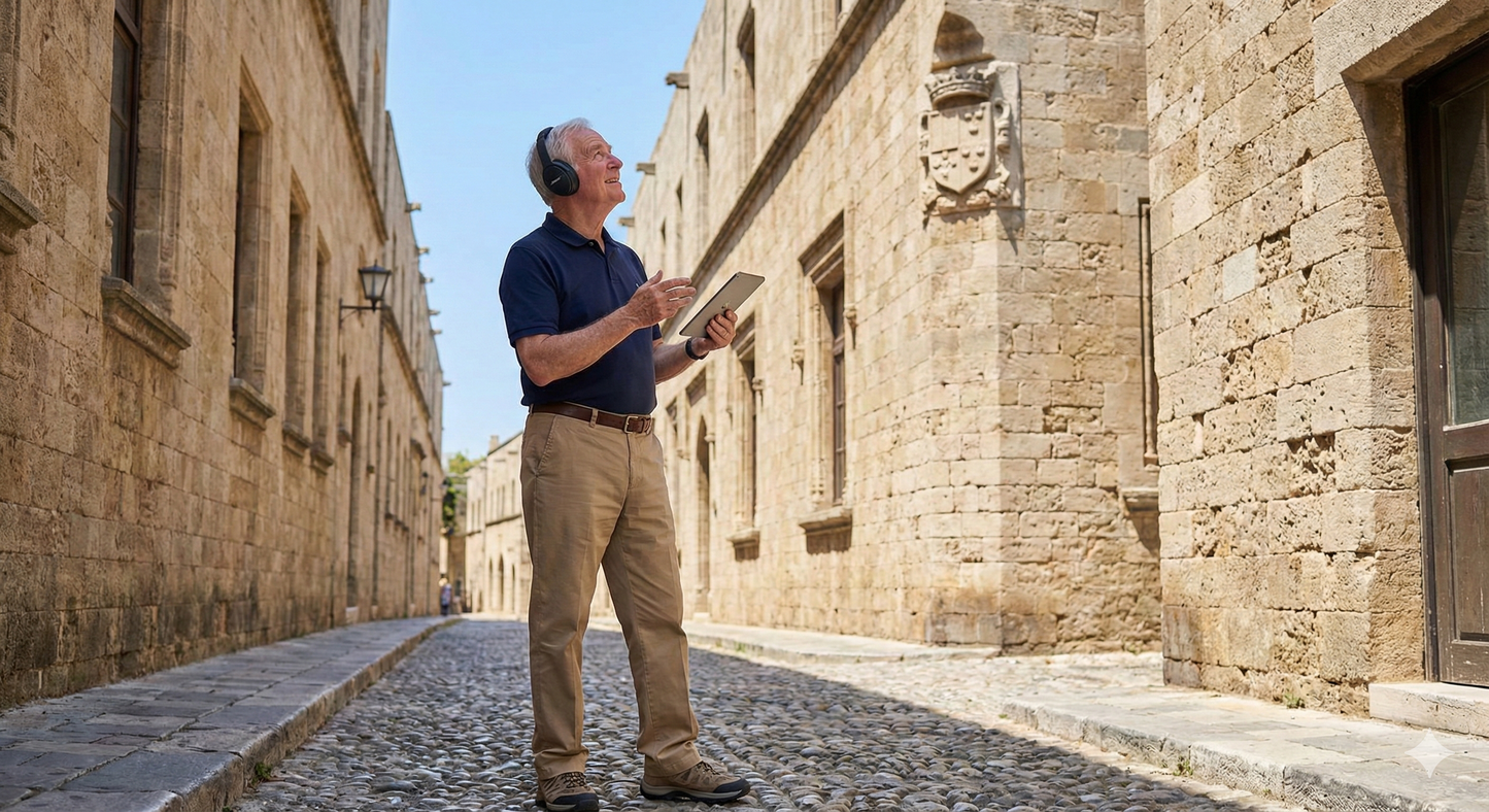 Self-guided audio tour of Rhodes featuring historic landmarks, narrated by Uvamai Niche Tourism, with images of the street and cityscape.