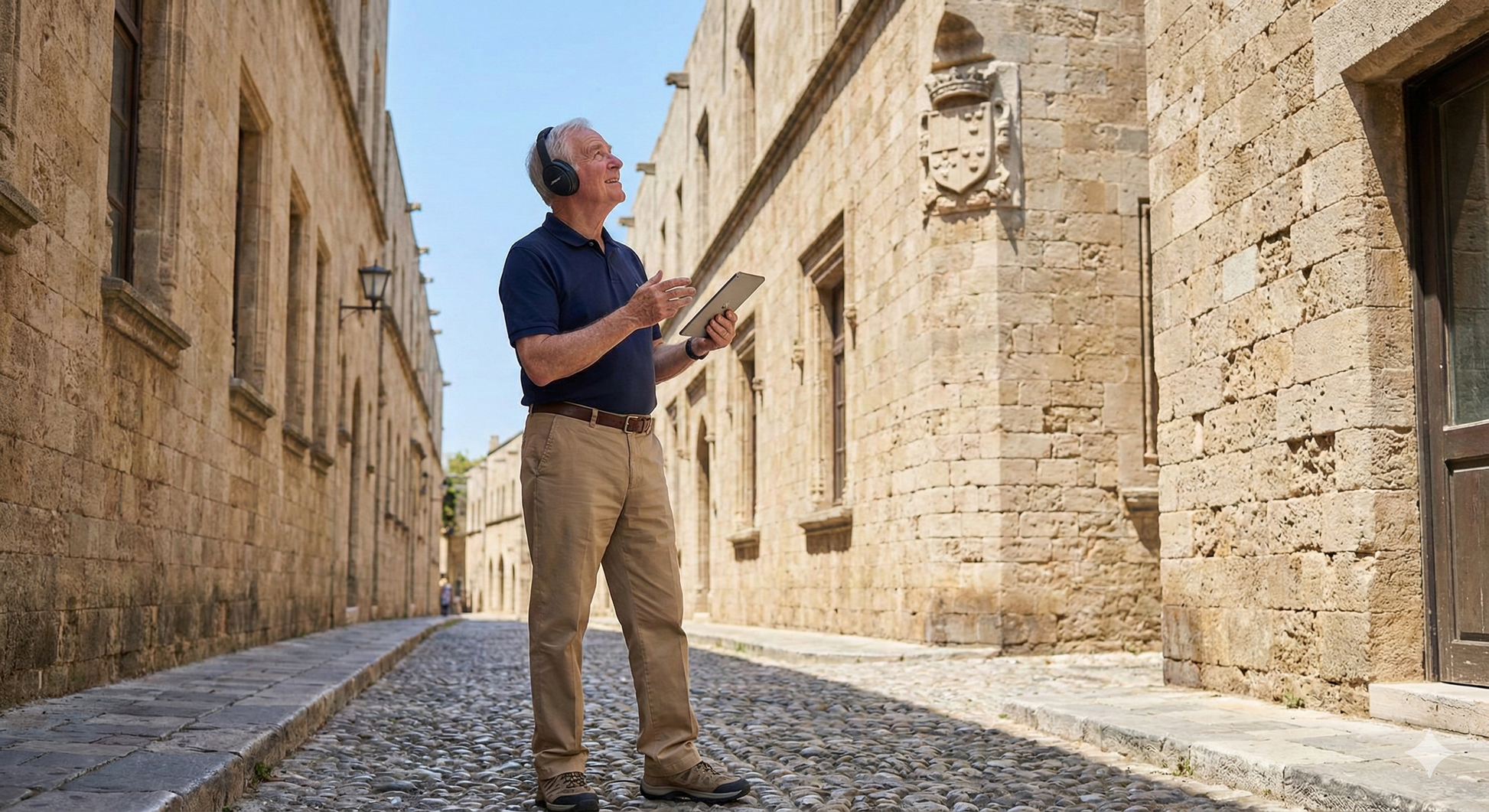 Self-guided audio tour of Rhodes featuring historic landmarks, narrated by Uvamai Niche Tourism, with images of the street and cityscape.