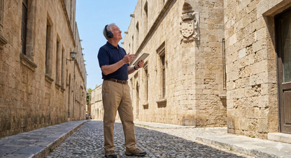 Self-guided audio tour of Rhodes featuring historic landmarks, narrated by Uvamai Niche Tourism, with images of the street and cityscape.