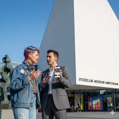 Audio tour guide for the Stedelijk Museum in Amsterdam, offered by Uvamai Niche Tourism, with museum exterior view.