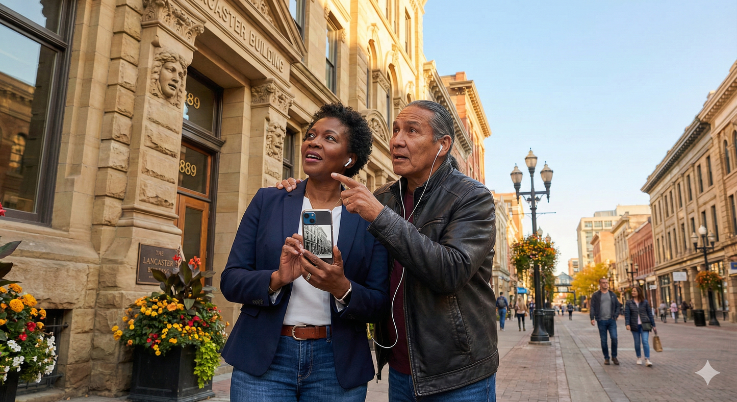 Self-guided audio tour of Stephen Avenue Walk in Calgary by Uvamai Niche Tourism, featuring historic buildings and vibrant cityscape.