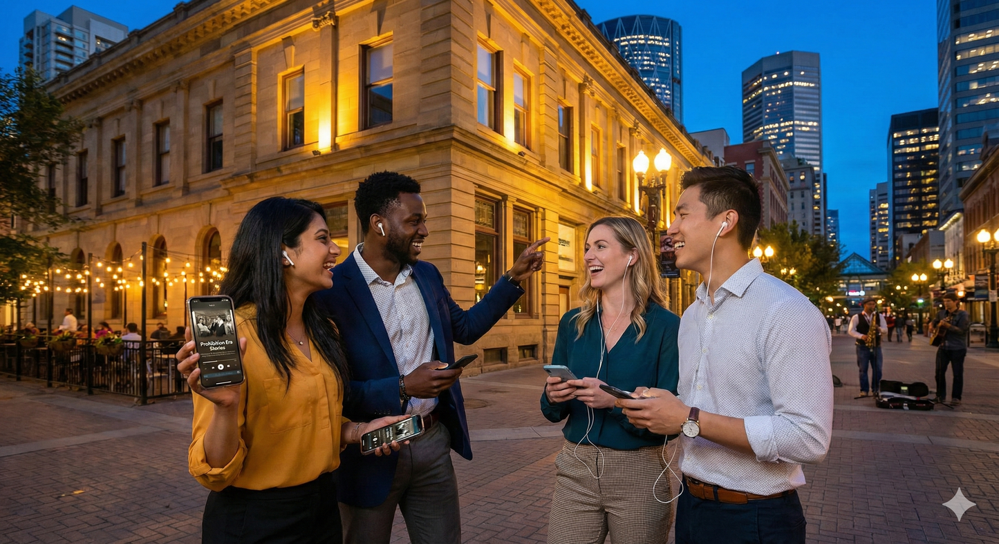 Self-guided audio tour of Stephen Avenue Walk in Calgary at evening, featuring city lights and historic architecture, by Uvamai Niche Tourism.