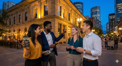 Self-guided audio tour of Stephen Avenue Walk in Calgary at evening, featuring city lights and historic architecture, by Uvamai Niche Tourism.