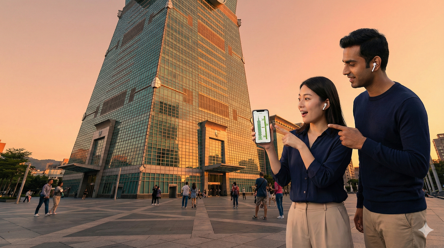 Self-guided audio tour of Taipei 101 featuring the Uvamai Niche Tourism branding and a view of Taipei skyline.