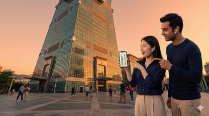 Self-guided audio tour of Taipei 101 featuring the Uvamai Niche Tourism branding and a view of Taipei skyline.