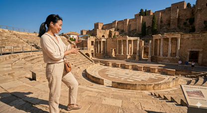 Self-guided audio tour map of Malaga featuring historic Roman Theater, produced by Uvamai Niche Tourism.