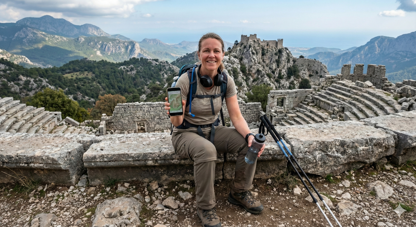 Self-guided audio tour of Termessos Mountain Fortress by Uvamai Niche Tourism, showing ancient ruins and mountain views.