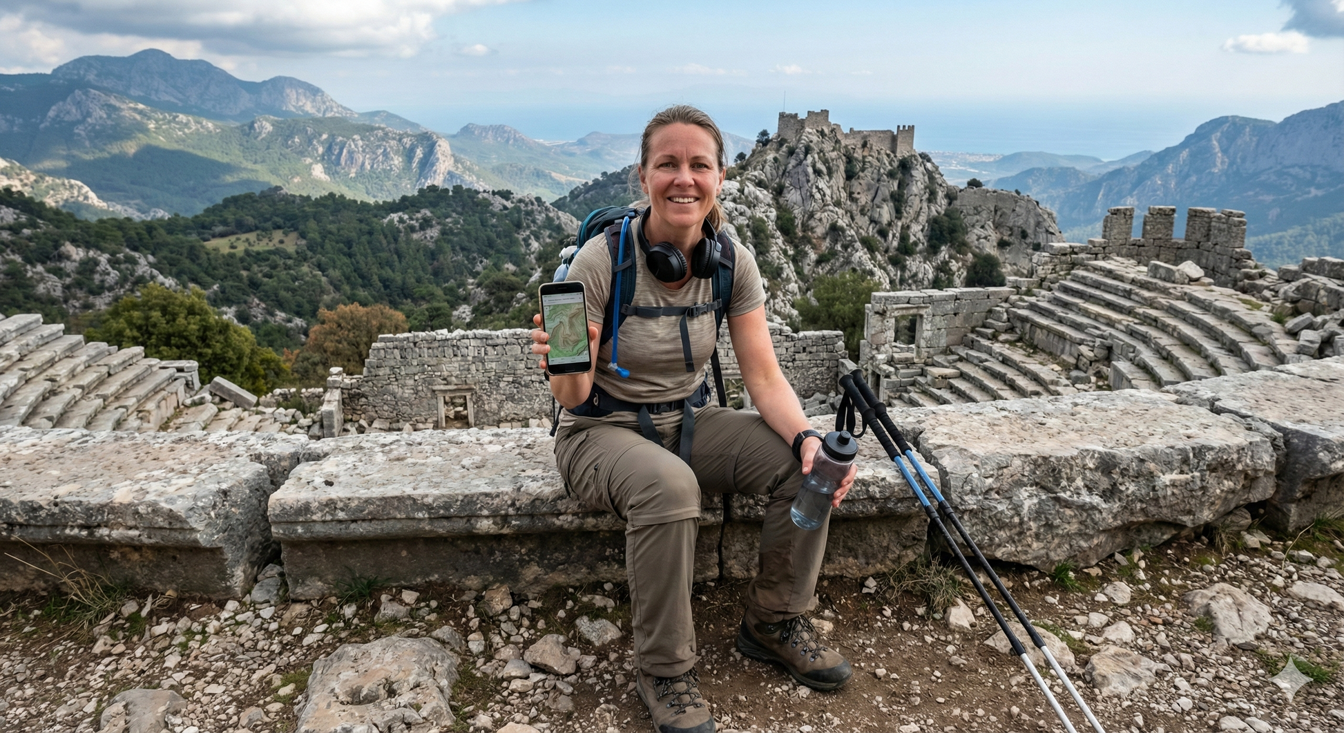 Self-guided audio tour of Termessos Mountain Fortress by Uvamai Niche Tourism, showing ancient ruins and mountain views.