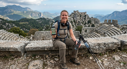 Self-guided audio tour of Termessos Mountain Fortress by Uvamai Niche Tourism, showing ancient ruins and mountain views.