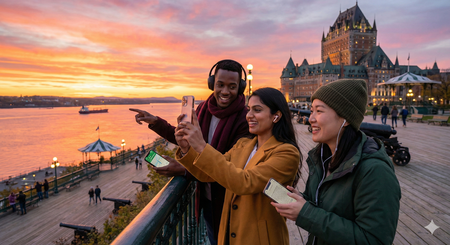Self-guided audio tour of Quebec City showcasing Terrasse Dufferin with evening views, by Uvamai Niche Tourism.