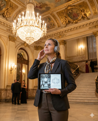Audio tour device featuring the Teatro Municipal in Rio de Janeiro, part of Uvamai Niche Tourism's self-guided Rio tour experience.