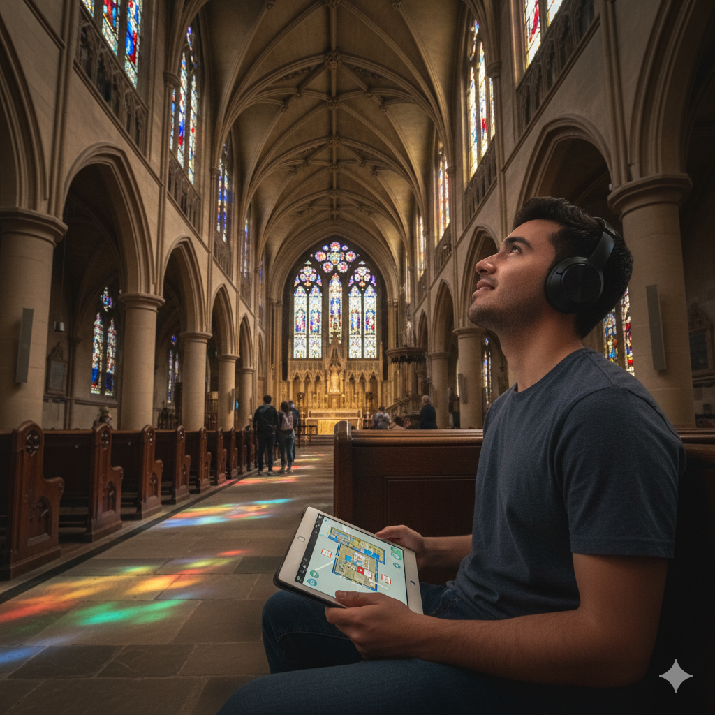 Self-guided audio tour of Toronto's St. James Cathedral, featuring detailed views of the historic church and surrounding architecture.