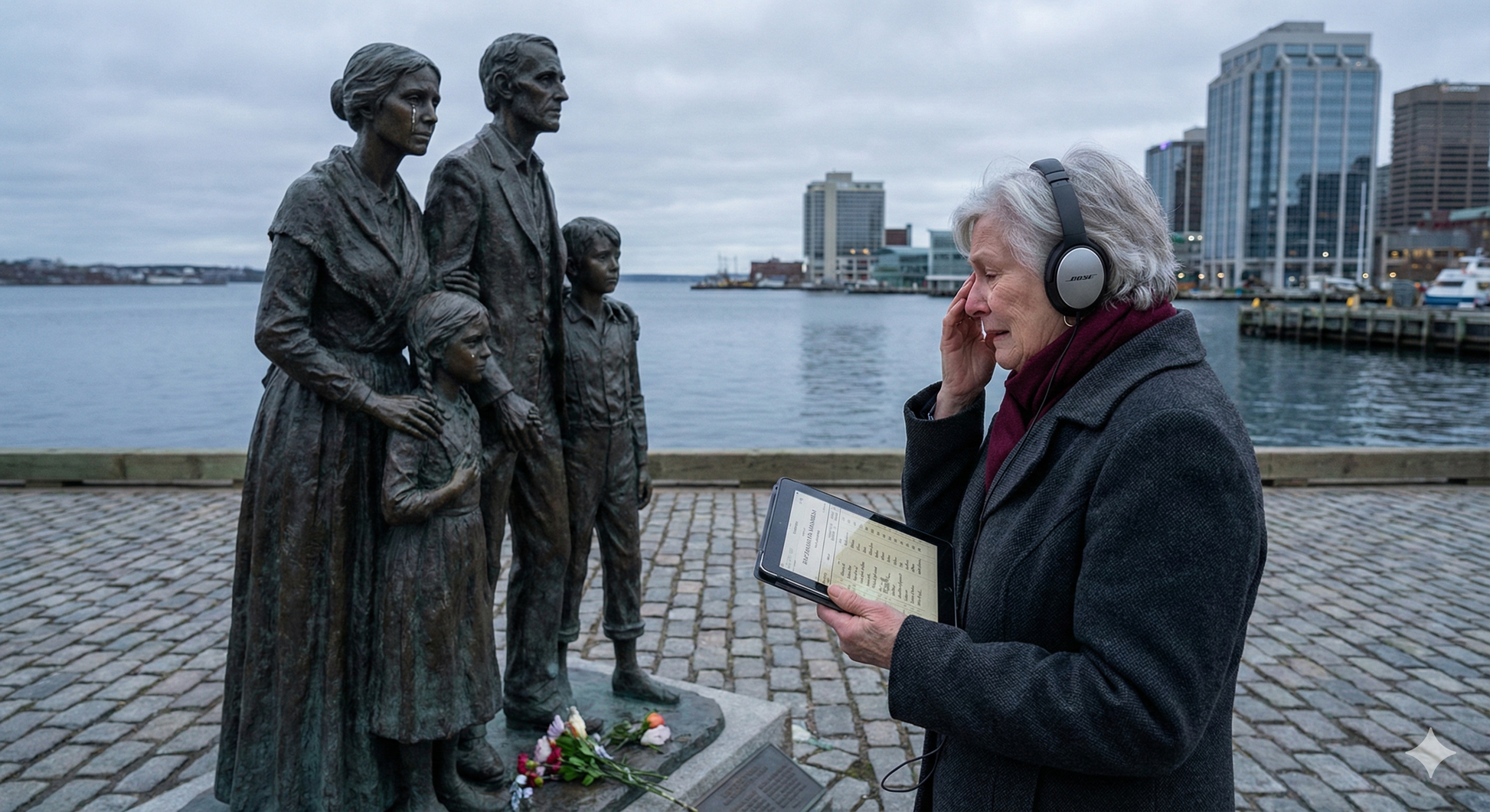 Self-guided audio tour of Halifax featuring The Emigrant Statue, by Uvamai Niche Tourism, shown in the image.