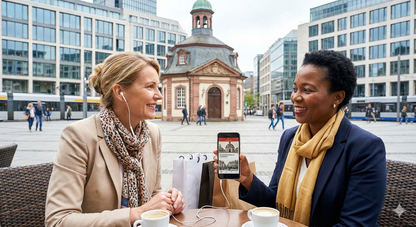 Self-guided audio tour of Frankfurt by Uvamai Niche Tourism, featuring the historic Hauptwache building and surroundings.