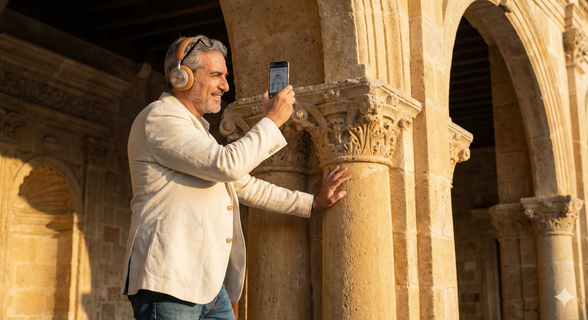 Self-guided audio tour of Heraklion by Uvamai Niche Tourism, featuring images of The Loggia's golden hour architectural details.
