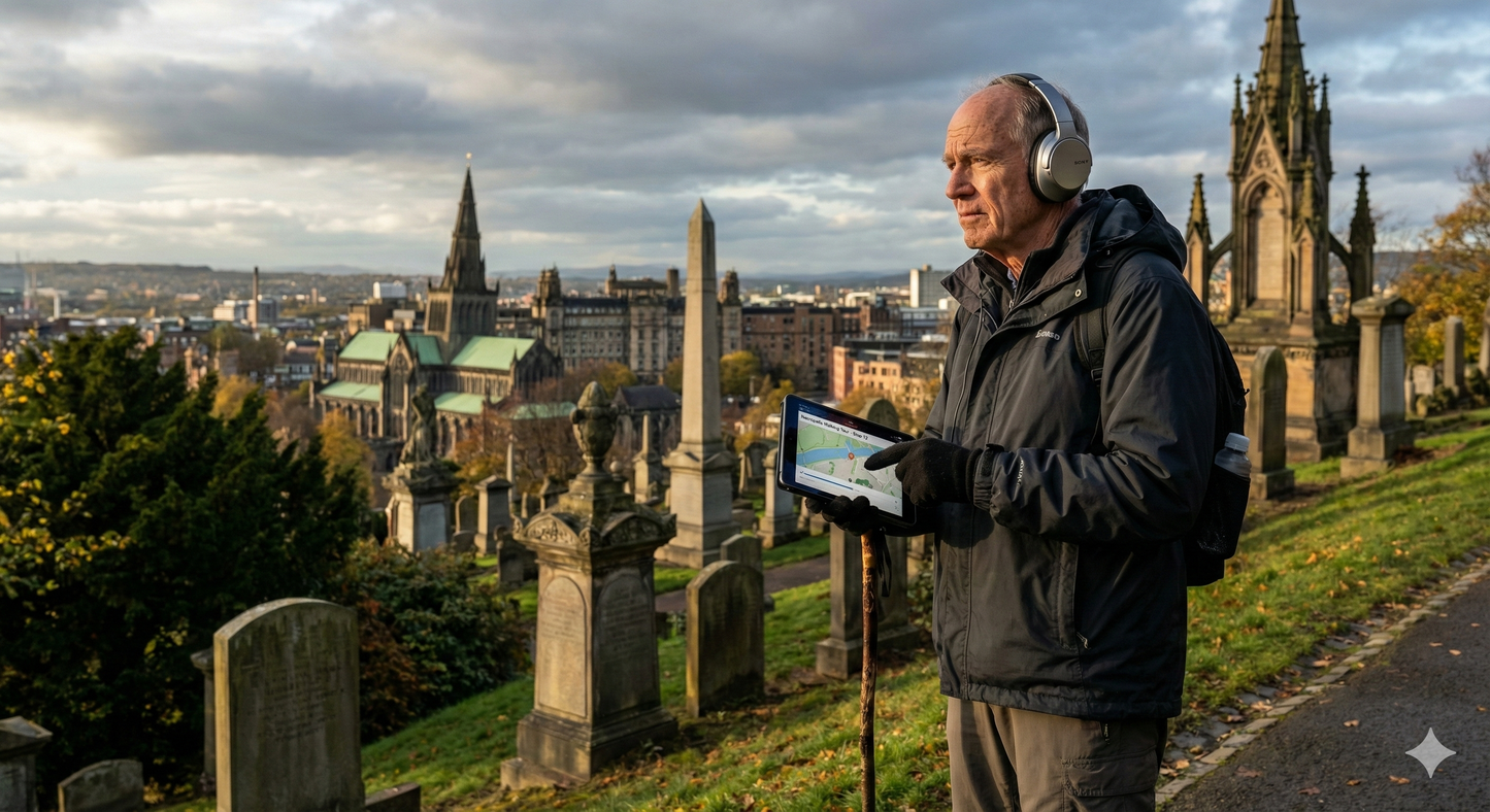 Self-guided audio tour of Glasgow's Necropolis at Victorian Memorial Park by Uvamai Niche Tourism, featuring historic monument views