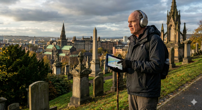 Self-guided audio tour of Glasgow's Necropolis at Victorian Memorial Park by Uvamai Niche Tourism, featuring historic monument views