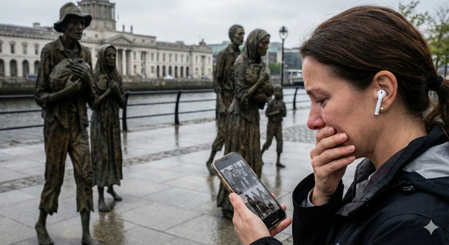 Self-guided audio tour of Dublin featuring the Famine Sculptures by Uvamai Niche Tourism, showcasing historic statues in the city.