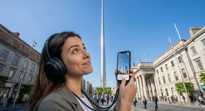 Audio tour device featuring Dublin's Spire, provided by Uvamai Niche Tourism, for self-guided exploration of Dublin landmarks.
