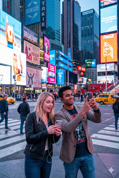 Audio tour device showing Times Square in New York City, part of Uvamai Niche Tourism's self-guided NYC sightseeing experience.