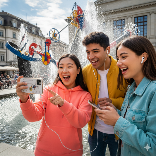 Self-guided audio tour for Basel featuring Tinguely Fountain, offered by Uvamai Niche Tourism, with a picture of the Tinguely Brunnen.