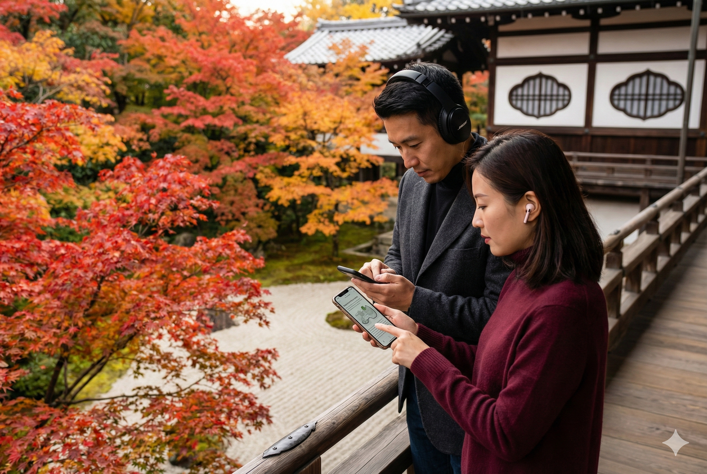 Audio tour device showing the Kyoto self-guided audio tour by Uvamai Niche Tourism, featuring images of Tofuku-ji Temple.
