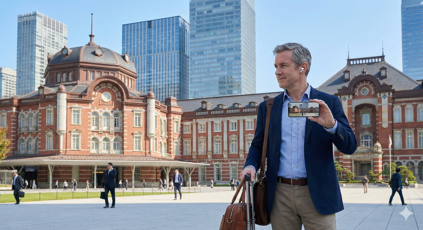 Self-guided audio tour device for Tokyo Central Railway Station by Uvamai Niche Tourism, featuring station signage and interior views.