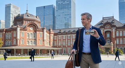 Self-guided audio tour device for Tokyo Central Railway Station by Uvamai Niche Tourism, featuring station signage and interior views.