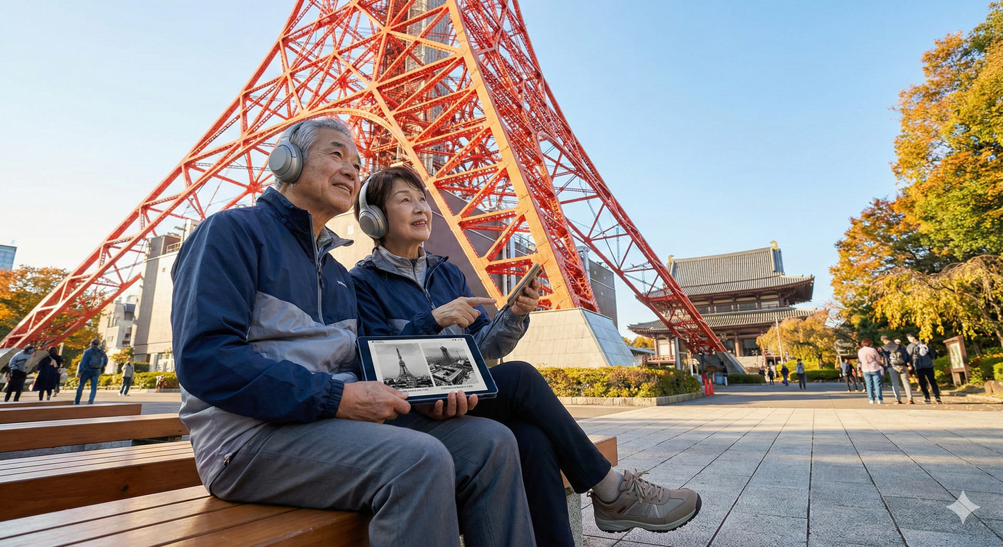 Audio guide device for Tokyo Self-Guided Audio Tour by Uvamai Niche Tourism, featuring Tokyo Tower on the screen.