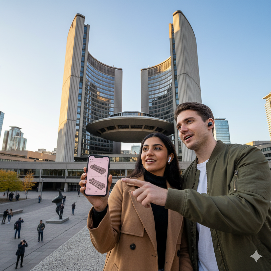 Audio tour device with headphones featuring Toronto City Hall, part of Uvamai Niche Tourism's self-guided Toronto sightseeing experience.