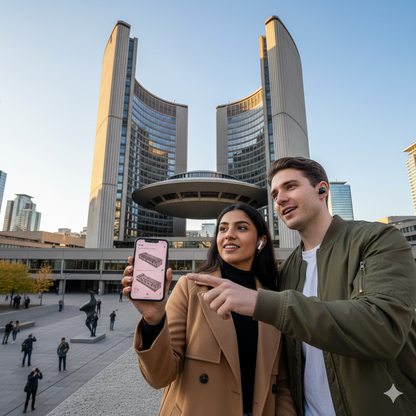 Audio tour device with headphones featuring Toronto City Hall, part of Uvamai Niche Tourism's self-guided Toronto sightseeing experience.